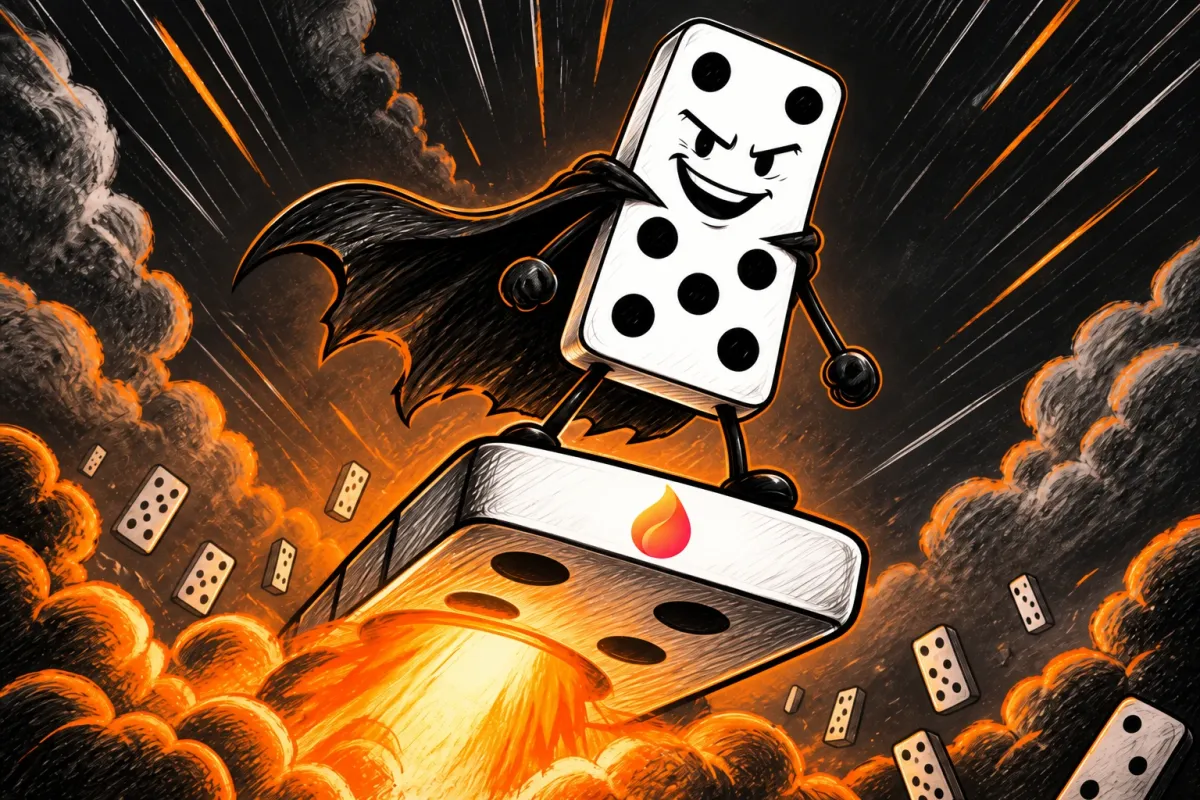 Domino riding a domino rocket out of orange smoke